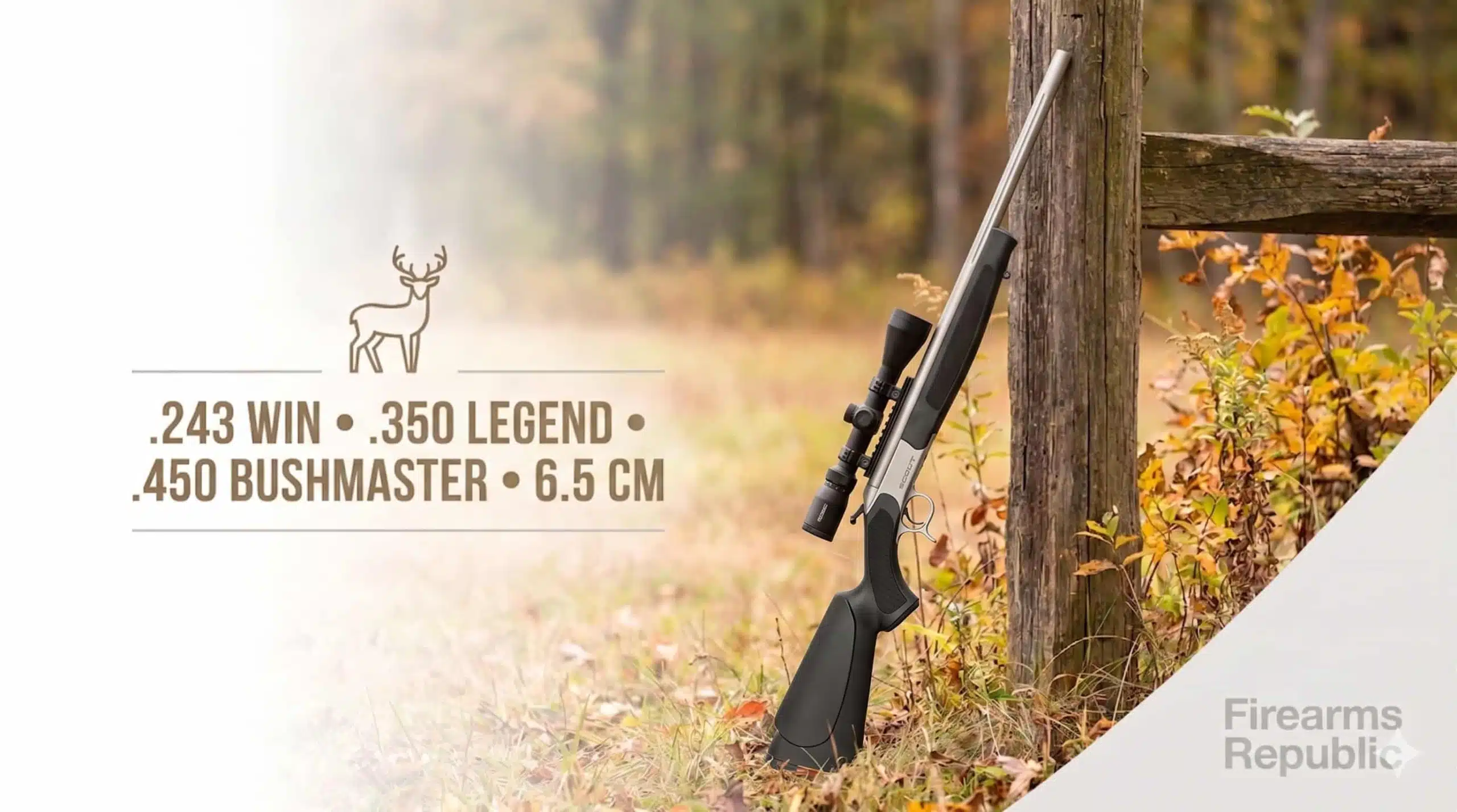Hunting rifle with scope leaning on wooden fence in autumn, showing caliber options for deer hunting