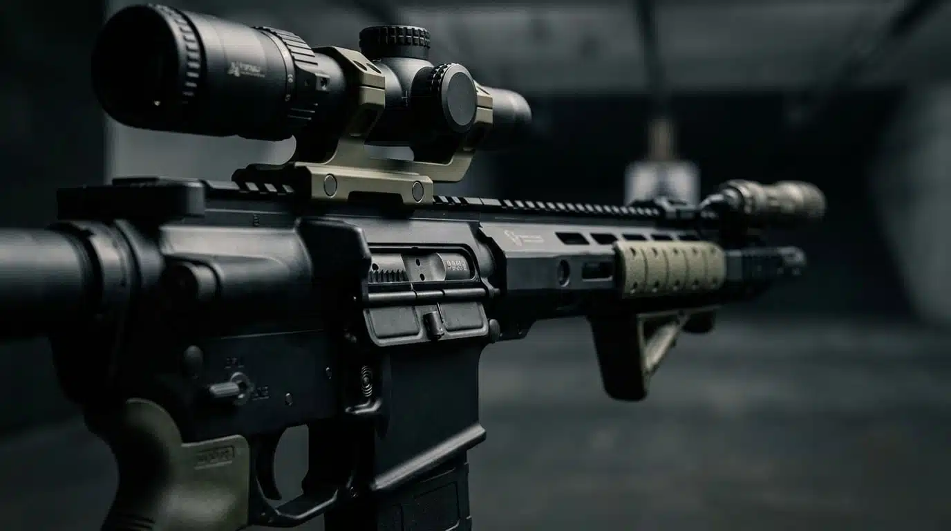 Close-up of a modern AR-style rifle fitted with a low-power variable optic and rail accessories, photographed in a dim indoor shooting range with shallow depth of field.