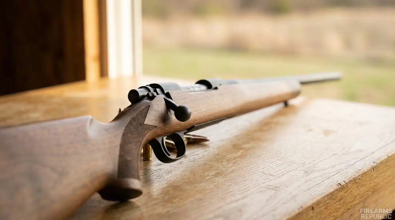 Bolt-action hunting rifle with wooden stock and brass cartridges on a wooden table at an outdoor shooting range