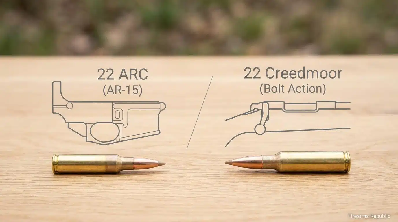 Hornady .22 ARC and .22 Creedmoor cartridges on shooting bench