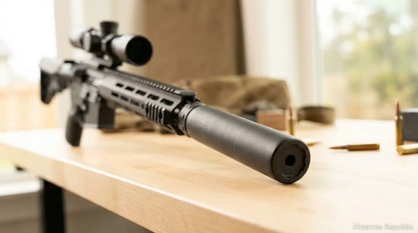 Suppressor-equipped precision rifle with scope and rifle cartridges on a wooden table