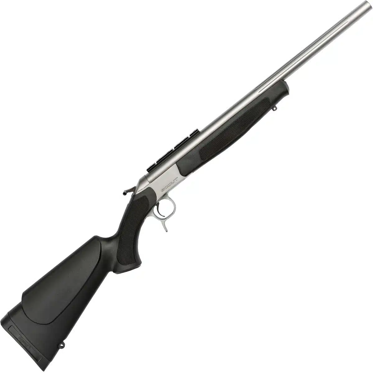 Stainless bolt-action hunting rifle with long barrel and black synthetic stock, isolated on white background
