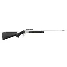 Single-shot hunting shotgun with black synthetic stock and long stainless steel barrel on white background