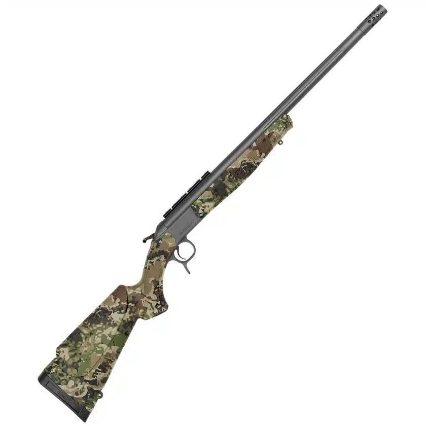 Camouflage hunting rifle with long barrel, muzzle brake, scope rail and camo synthetic stock on white background