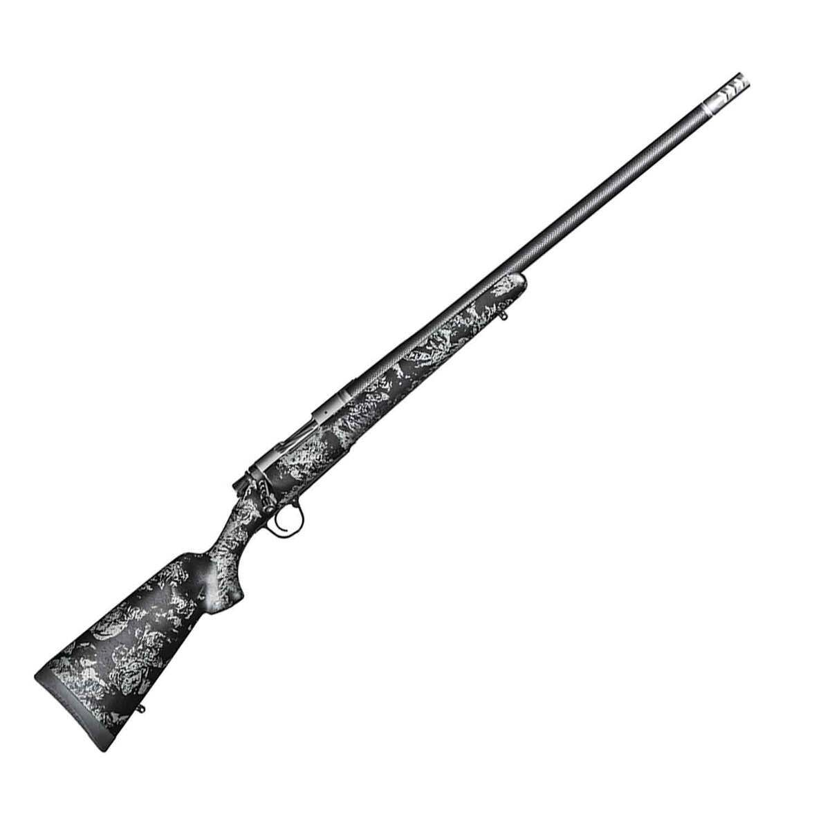 Bolt-action hunting rifle with long barrel and black-gray camo pattern on white background