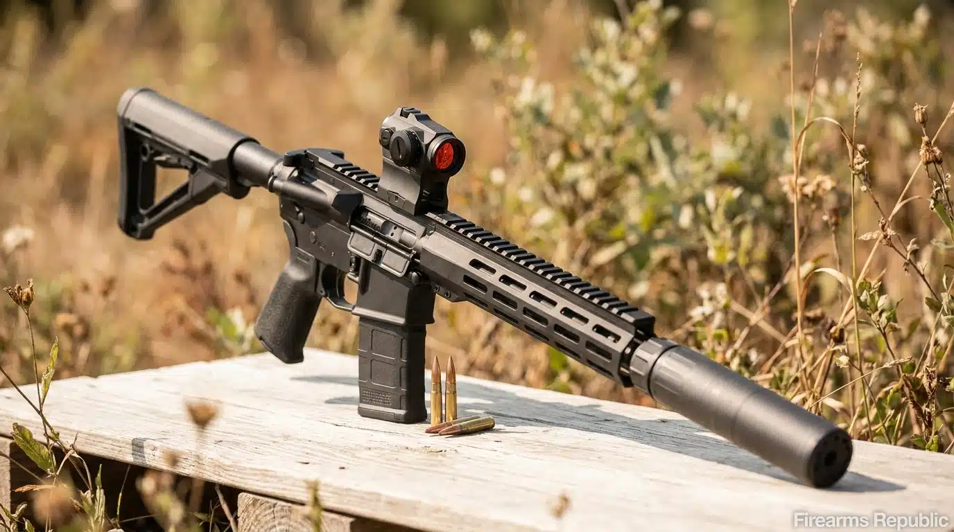 AR-15 rifle with suppressor and red dot sight on wooden bench with magazine and cartridges at outdoor range