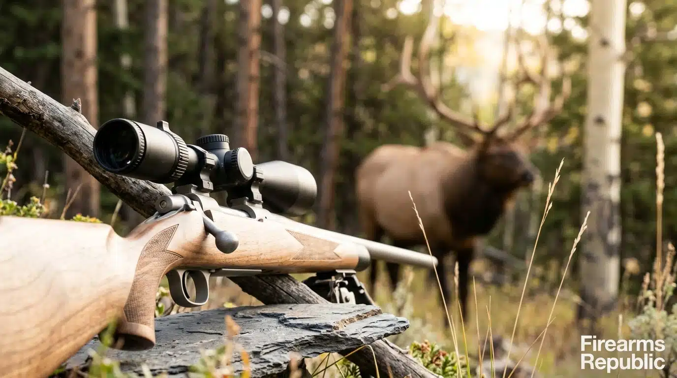 Bolt-action hunting rifle with scope on log, aimed at bull elk in forest at golden hour