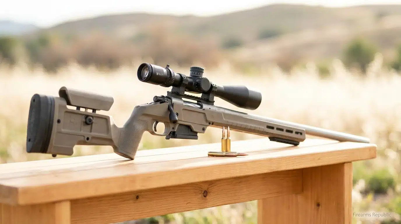 Precision bolt-action rifle with scope and ammo on wooden bench, outdoor shooting range
