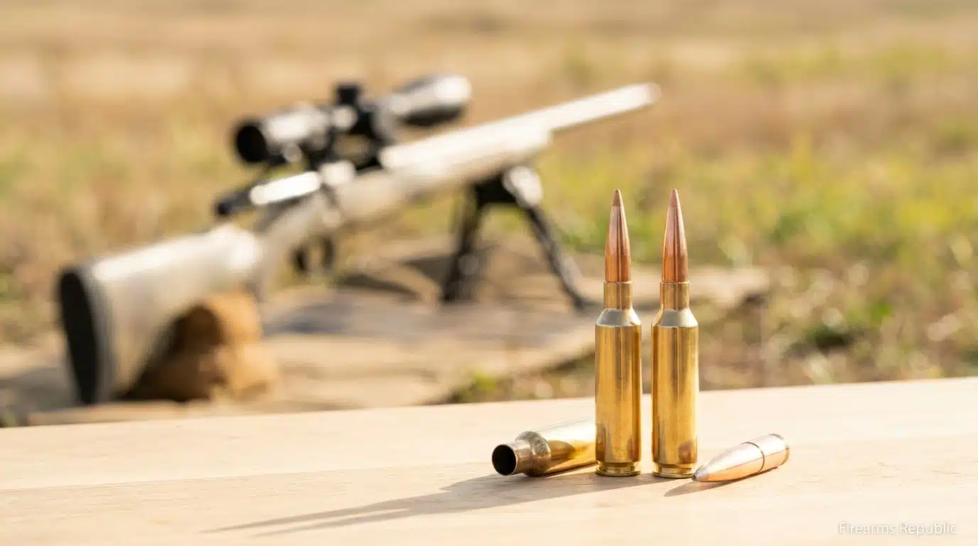 Two brass rifle cartridges and a bullet on a wooden bench with a blurred scoped rifle at a shooting range
