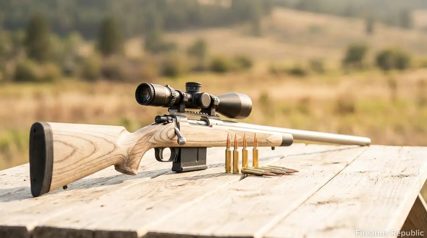 Bolt-action hunting rifle with scope and five rifle cartridges on a wooden table at an outdoor shooting range