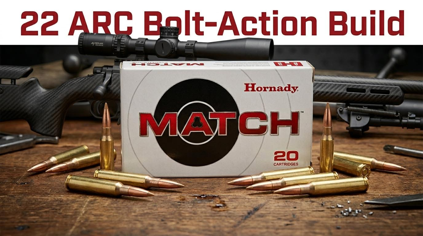 Hornady Match 22 ARC ammunition box with brass rifle cartridges and bolt-action rifle on wooden workbench
