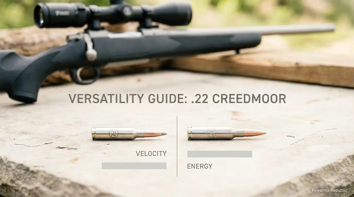 An informational graphic titled 'VERSATILITY GUIDE: .22 CREEDMOOR' featuring two rifle cartridges in the foreground on a stone surface. Below the cartridges are visual indicators comparing 'VELOCITY' and 'ENERGY'. A blurred bolt-action rifle with a scope rests in the background.