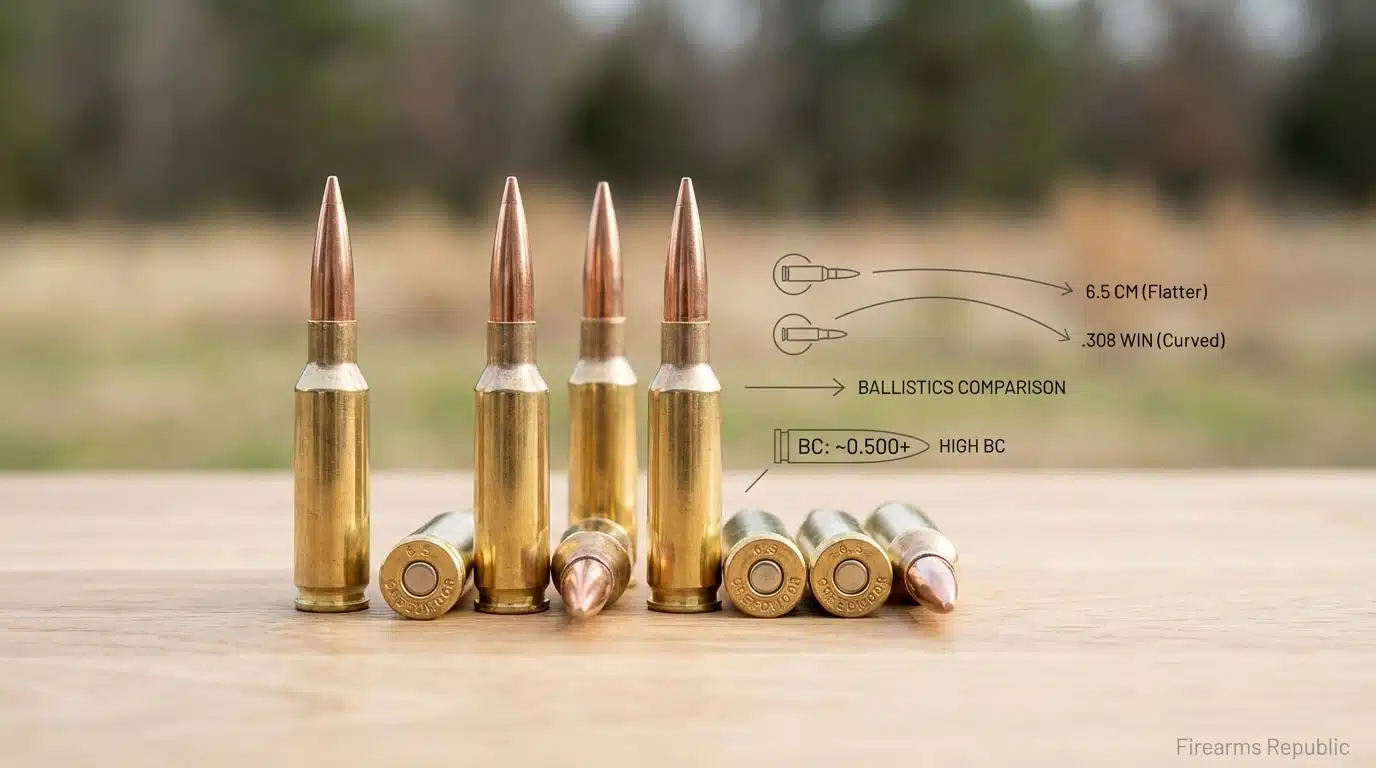 Brass rifle cartridges on a wooden table with ballistics diagram showing .308 WIN and BC ~0.500