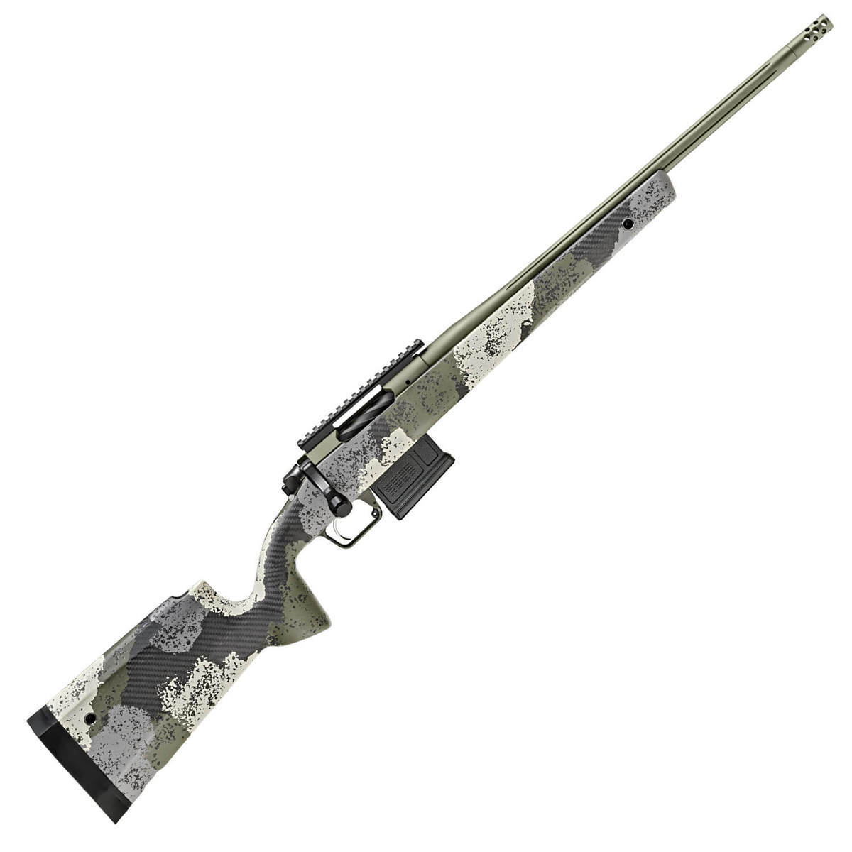 Bolt-action precision rifle with green camouflage carbon-fiber stock and muzzle brake, detachable magazine