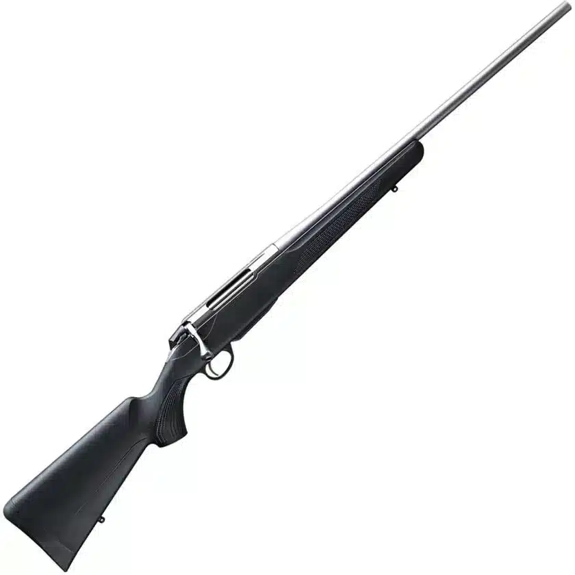 Bolt-action rifle, stainless barrel and black synthetic stock, hunting firearm on white background