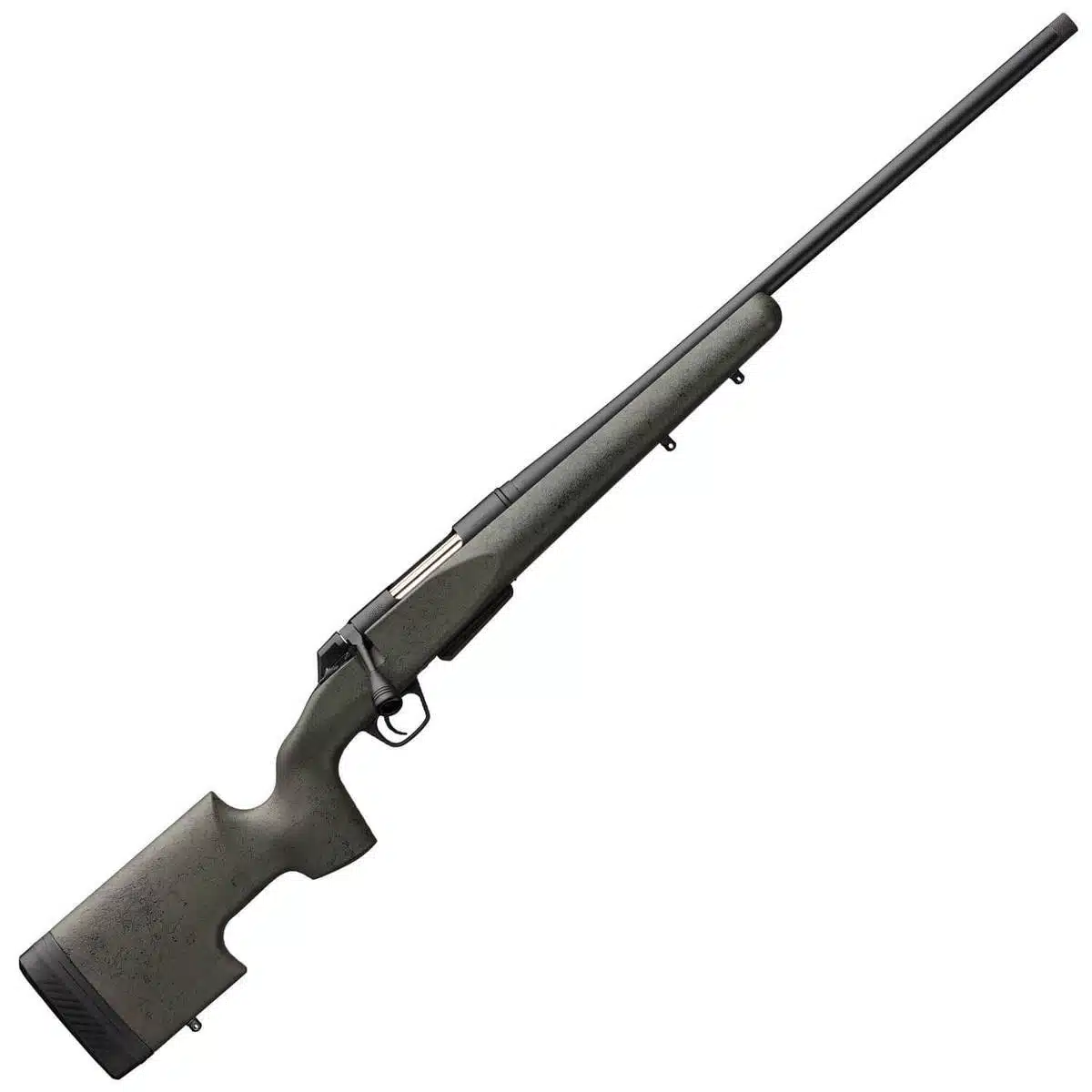 Bolt-action hunting rifle with long black barrel and textured olive green synthetic stock on white background.