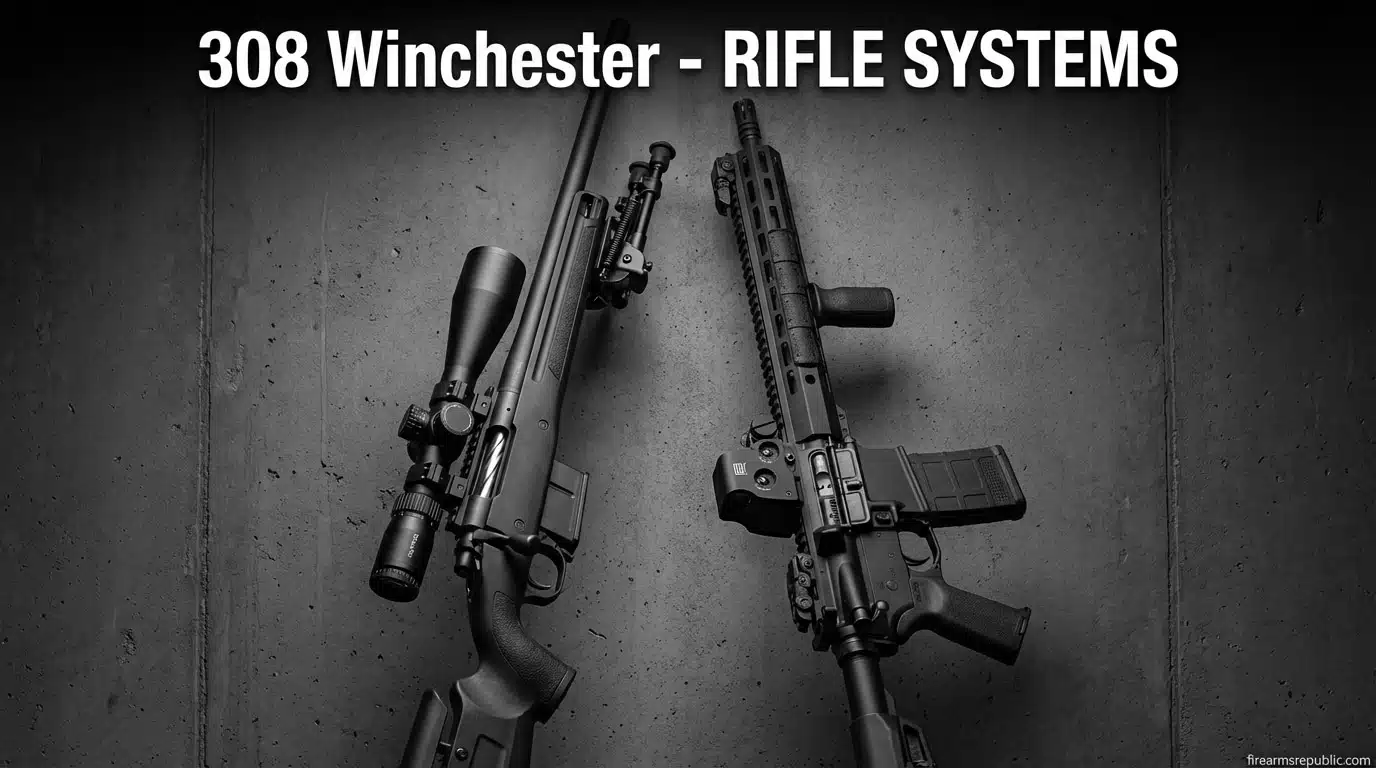 308 Winchester rifle systems: bolt-action scope rifle and AR-style tactical .308 rifle on concrete background