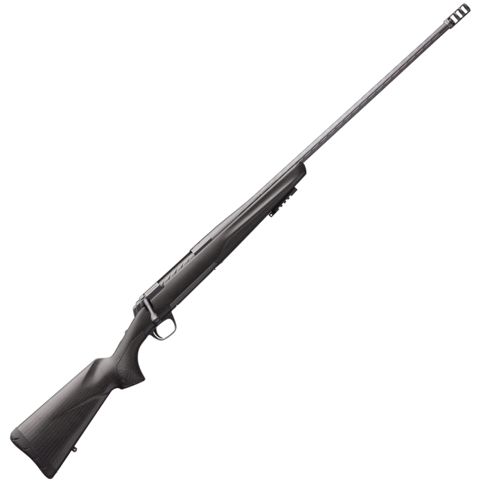 Bolt-action hunting rifle, black with ventilated muzzle brake and textured synthetic stock, angled on white background