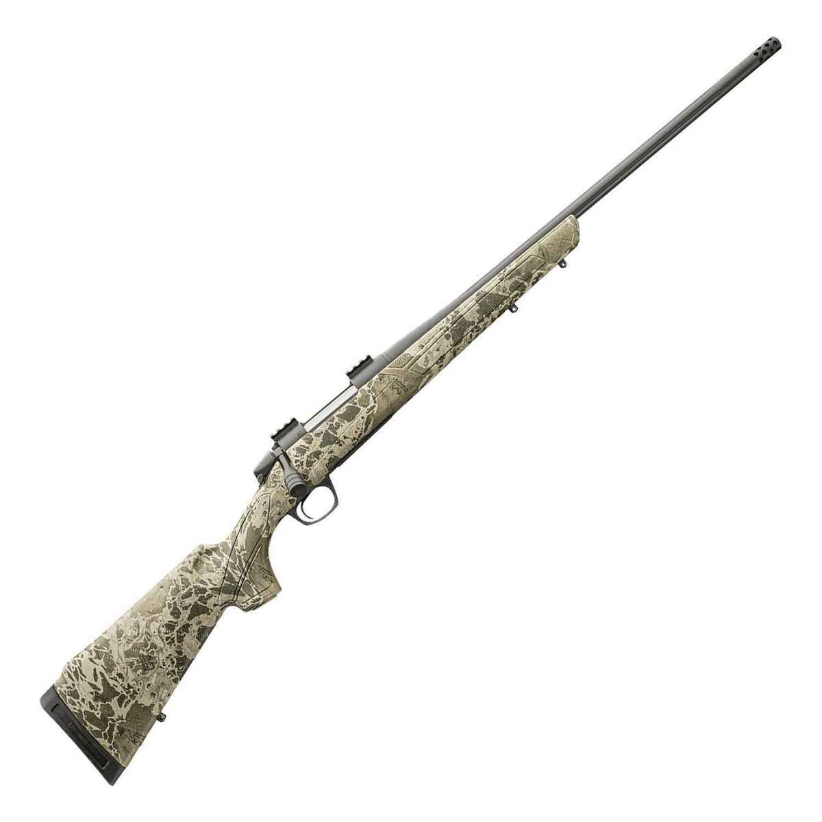 Bolt-action hunting rifle, camouflage synthetic stock and long vented barrel, isolated on white background