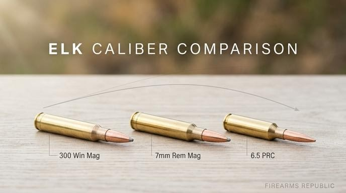Elk caliber comparison: 300 Win Mag, 7mm Rem Mag, and 6.5 PRC rifle cartridges displayed side-by-side