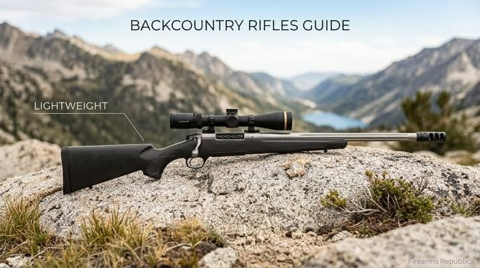 Backcountry lightweight precision rifle with scope on rock overlooking mountain lake and alpine peaks