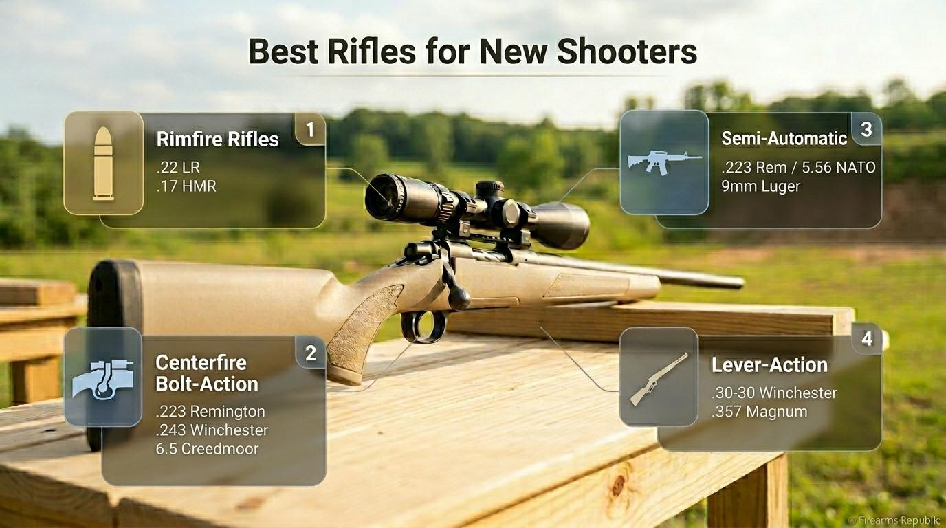 Bolt-action rifle with scope on wooden bench infographic titled Best Rifles for New Shooters showing rimfire, bolt, semi, lever
