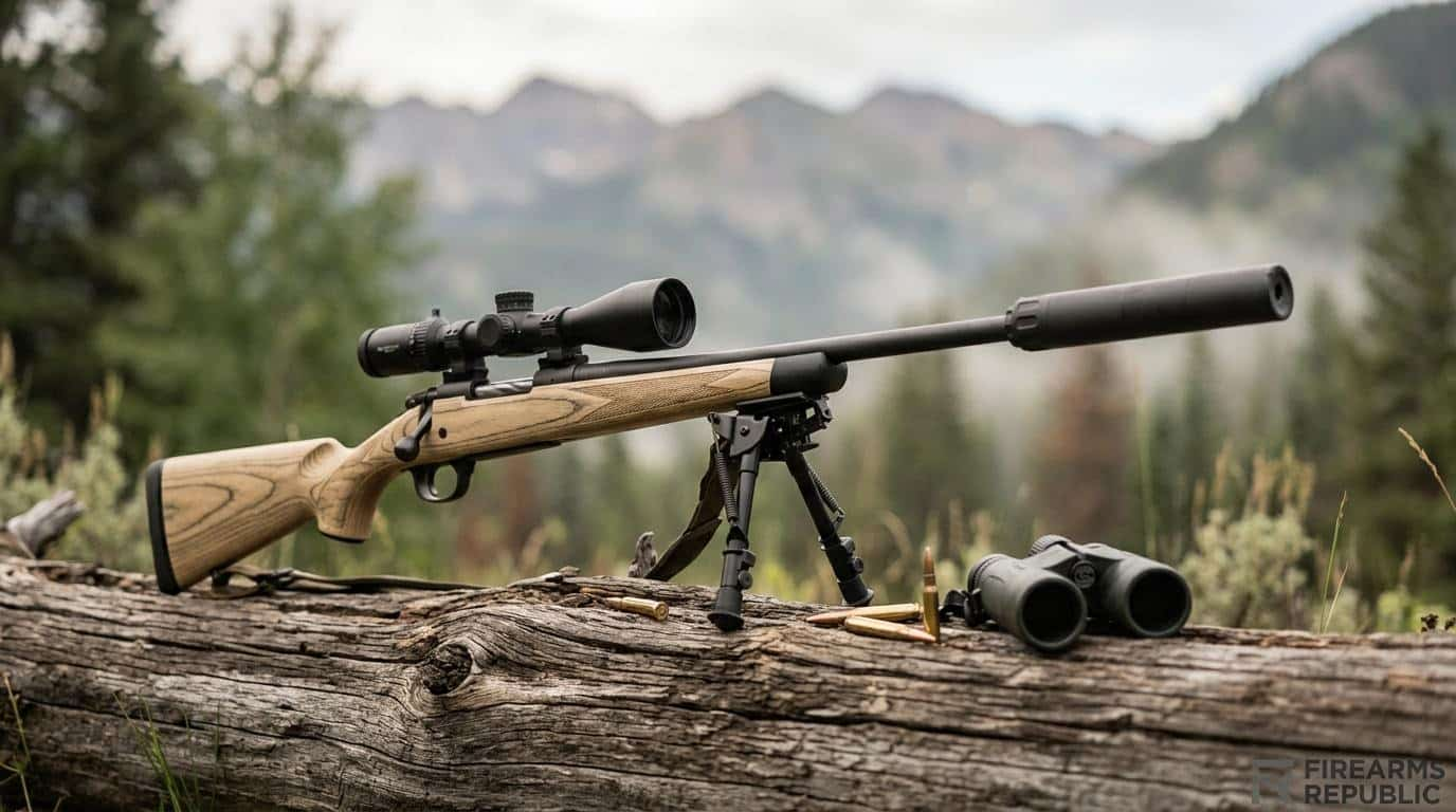 Bolt-action hunting rifle with scope and suppressor on bipod on log, cartridges and binoculars in mountain setting