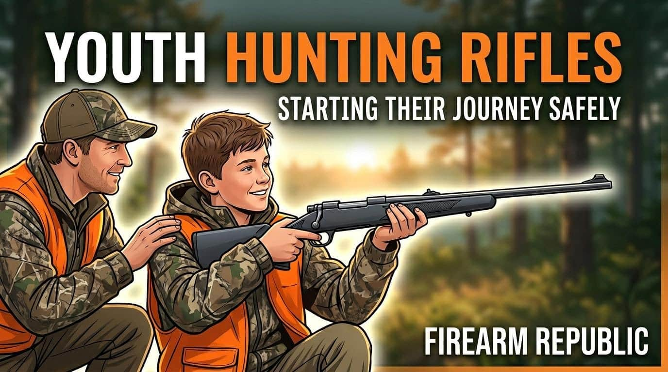 Father and son in camo gear, learning youth hunting rifle safety in a scenic outdoor setting. Firearm education for kids.