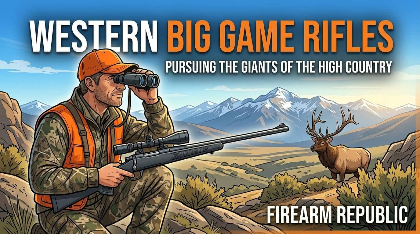Hunter in orange gear scanning mountains with binoculars, ready for big game hunting, featuring a majestic elk nearby.