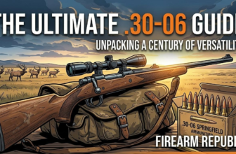 A .30-06 rifle on a bag with ammunition, set against a scenic backdrop of open fields and deer.