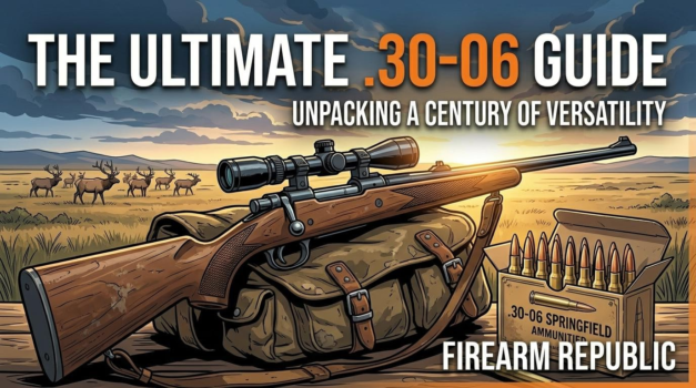 A .30-06 rifle on a bag with ammunition, set against a scenic backdrop of open fields and deer.