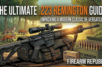 Illustration of a .223 Remington rifle in a forest with foxes, showcasing a guide to this versatile firearm.