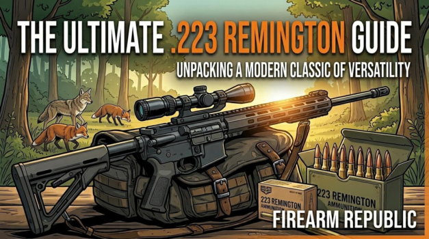 Illustration of a .223 Remington rifle in a forest with foxes, showcasing a guide to this versatile firearm.