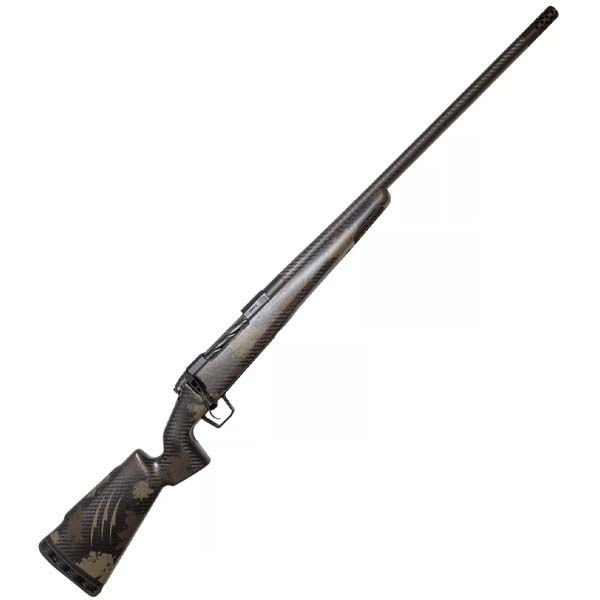 Carbon-fiber bolt-action hunting rifle with long fluted barrel and camo-pattern stock on white background