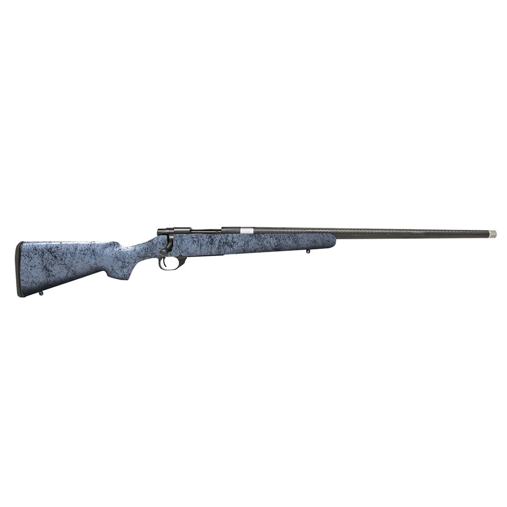 Bolt-action hunting rifle with blue marbled synthetic stock and carbon-fiber barrel, left-side profile.