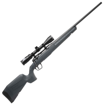 Profile view of a sleek black bolt-action rifle with a mounted scope, ideal for precision shooting.
