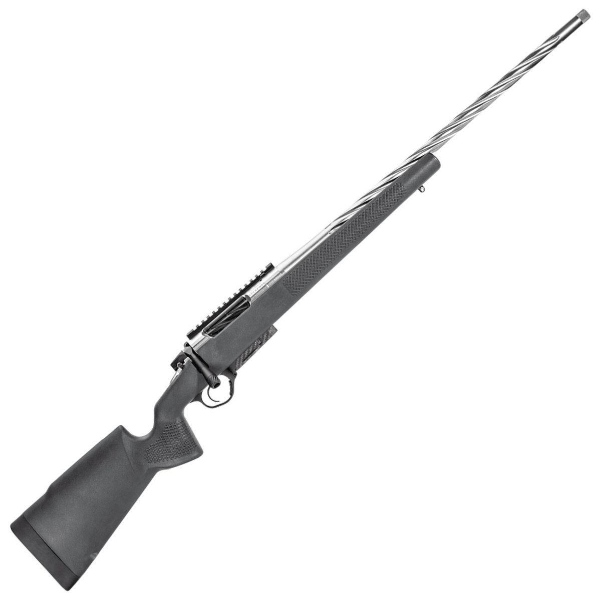 Bolt-action hunting rifle with fluted stainless steel barrel and black synthetic stock on white background