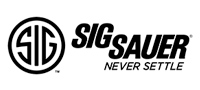SIG Sauer logo with the tagline 'Never Settle' showcasing premium firearm craftsmanship.
