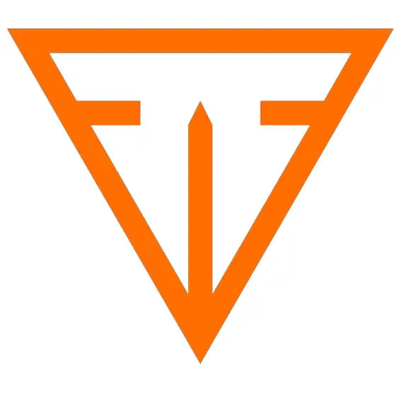 Orange triangle logo featuring stylized letters that convey strength and innovation in design.