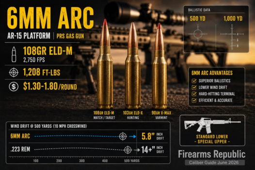 Infographic on 6mm ARC AR-15 platform, featuring ballistic data, ammunition types, and advantages for precision shooting.