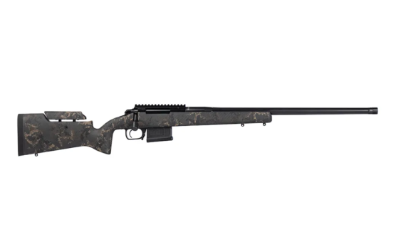 Side view of a sleek, modern hunting rifle with a camouflage stock and long barrel, ideal for precision shooting.