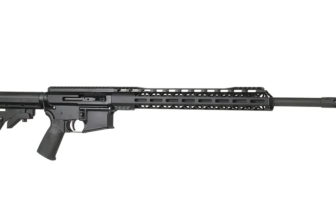 Side view of a sleek black rifle with a long barrel and rail system, ideal for tactical shooting and customization.
