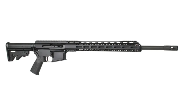 Side view of a sleek black rifle with a long barrel and rail system, ideal for tactical shooting and customization.