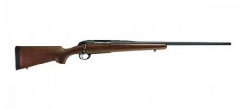Wooden stock rifle with a long barrel, showcasing a classic hunting design against a plain background.