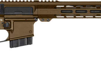 Side view of a brown tactical rifle with a collapsible stock and rail system, designed for accuracy and customization.
