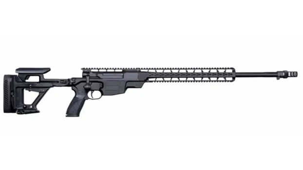 Side view of a sleek black precision rifle with adjustable stock and rail system for accessories.