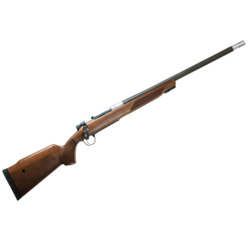 Wooden stock rifle with a long barrel and metallic accents, ideal for hunting and precision shooting.