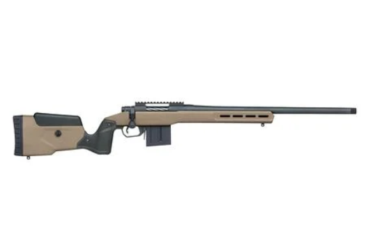 Side view of a modern bolt-action rifle with a tan stock and black accents, designed for accuracy and stability.