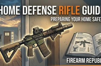 Illustration of a home defense rifle guide featuring a rifle and safety tips for securing your home.