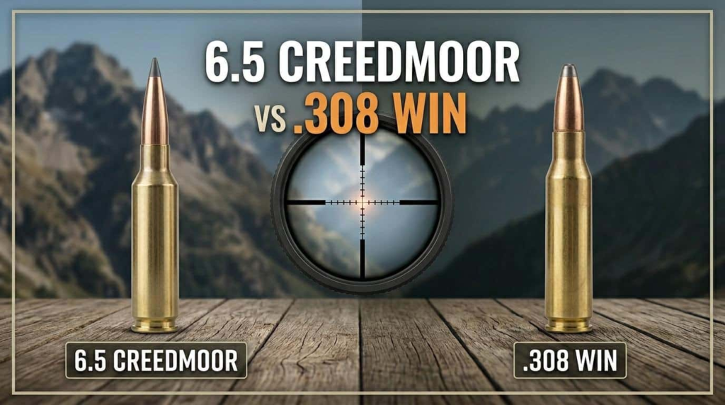 6.5 Creedmoor and .308 Win cartridges displayed side by side with a sniper scope on a wooden surface.